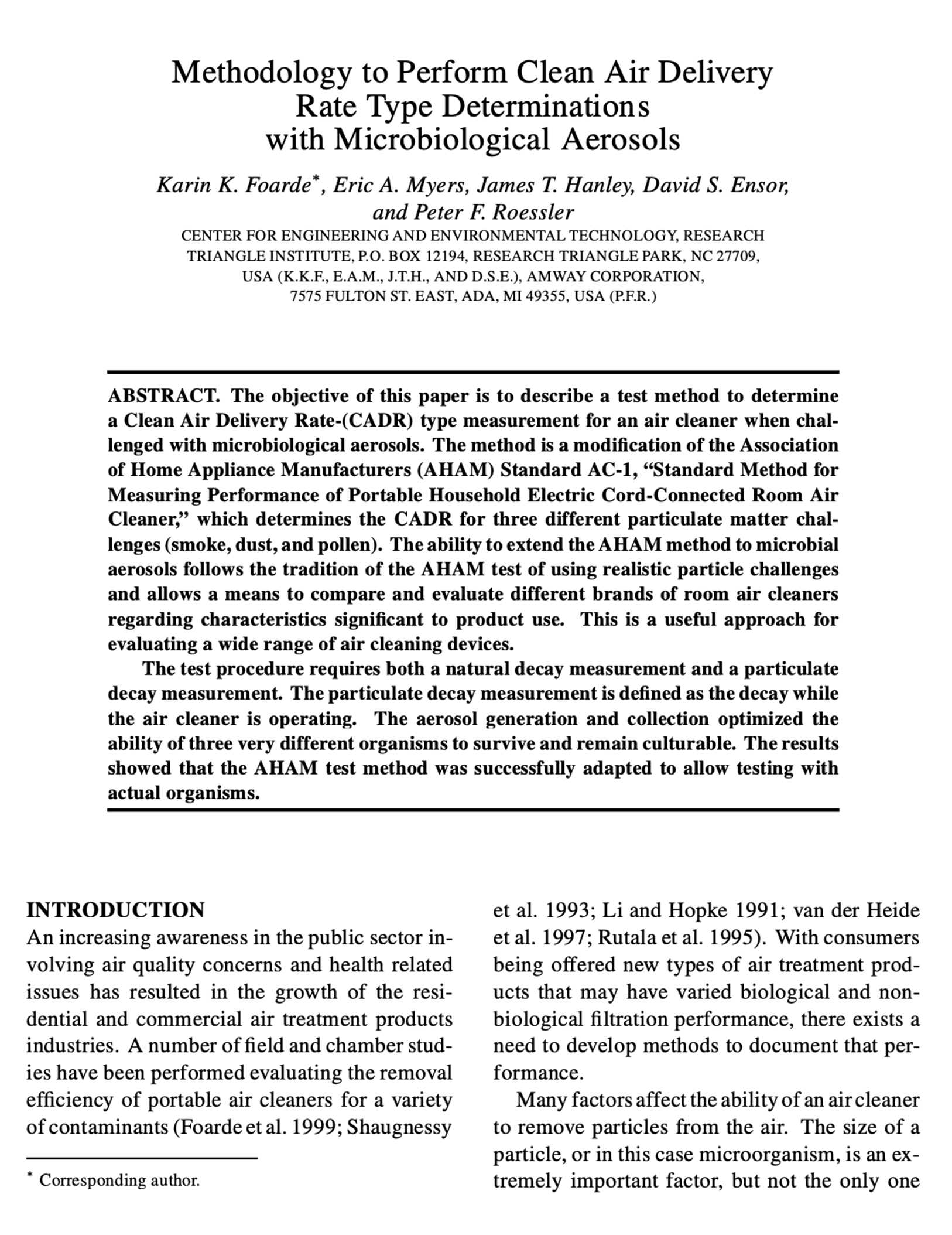 Methodology to Perform Clean Air Delivery Rate Type Determinations with Microbiological Aerosols